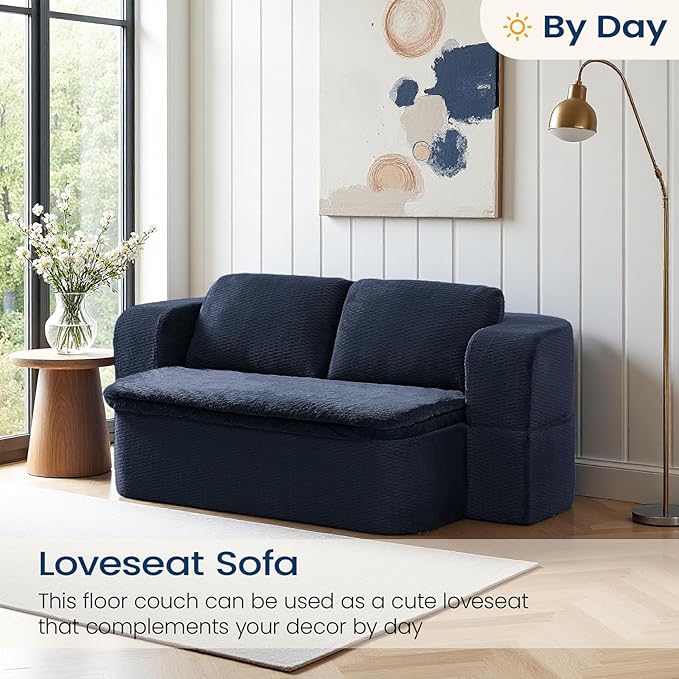 74.8 Inch Convertible Sleeper Sofa Bed Compressed Loveseat Sofa Folding Floor Mattress with Pillows and Blanket Small Couches for Living Room Bedroom Lounge No Assembly Required (Dark Blue)