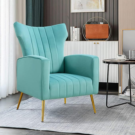 Modern Velvet Accent Chair with Arms Wingback Reading Chair with Gold Metal Legs Comfy Upholstered Single Leisure Sofa for Living Room Bedroom Club(Velvet+Blue)