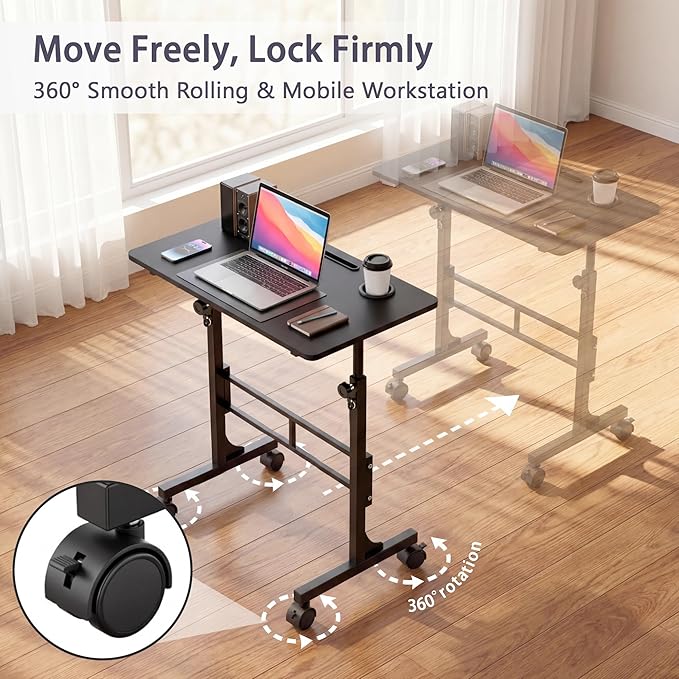YESHOMY Standing Desk Adjustable Height 32 Inch Small Portable Rolling Desk with Wheels Cup Holder Tablet Upright Groove for Office Sofa Bedroom Black