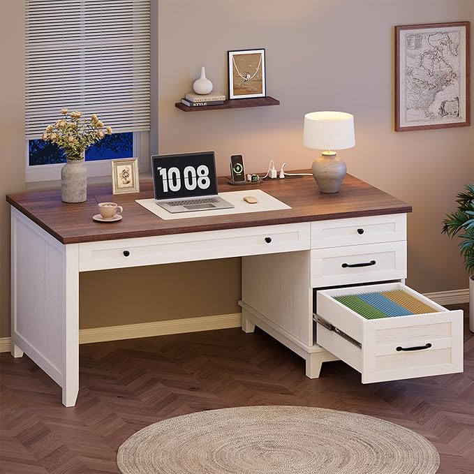 GAOMON 54.5in Wooden Executive Desk with Drawers Office Desk Computer Table with Charging Station Farmhouse Home Office Desk with File Cabinet Storage for Study and Home Office White Walunt