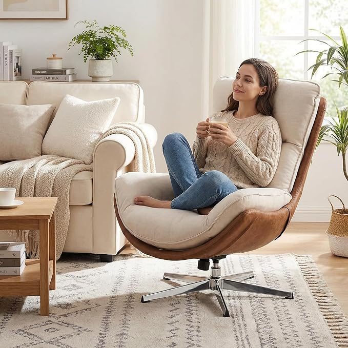 DUOMAY Swivel Accent Chair Modern Linen Soft Foam Lounge Chair with High Back Comfy Rocker Chair for Living Room Bedroom Reading Room Office Tilt &amp Swivel Chrome Base Beige
