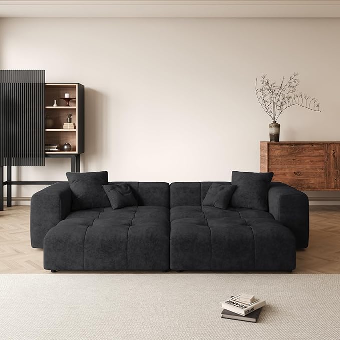104 Love Seat Couch Modular Sectional Sofa Cloud Couch with Deep Seats Breathable Linen Fabric Sectional Couches for Living Room/Bedroom/Apartment Simple Assembly Black