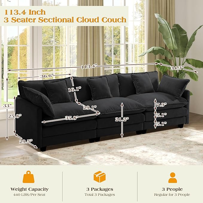 113.4 Modular Sectional SofaCloud Couch for Living Room Modern Deep Seat Sofa 3 Seater Chenille Fabric Comfy Couches with Throw Pillows for Apartment