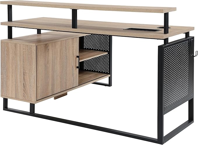 OSP Home Furnishings Ace Contemporary Modern Home Office Desk with Shelf L-Shape with River Oak Finish