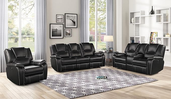 3 PC Recliner Sofa Sets Bonded Leather Lounge Chair Loveseat Reclining Couch for Living RoomBlack