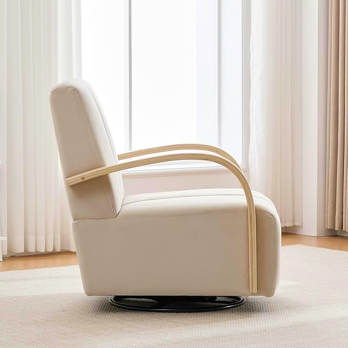 30.3 W Swivel Modern Boucle Upholstered Accent Chair with Solid Wood Armrests Comfy Lounge Reading Chair Side Armchair for Hotel Bedroom Living Room Office Nursery Room (Beige+Velvet)