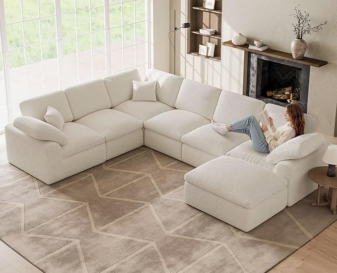 Cloud Sectional Couches for Living Room 7 Seater Cloud Modular Couch L Shaped Corduroy Sectional Sofas with Ottoman Boneless Comfy Sofa for Apartment No-Assembly Cream