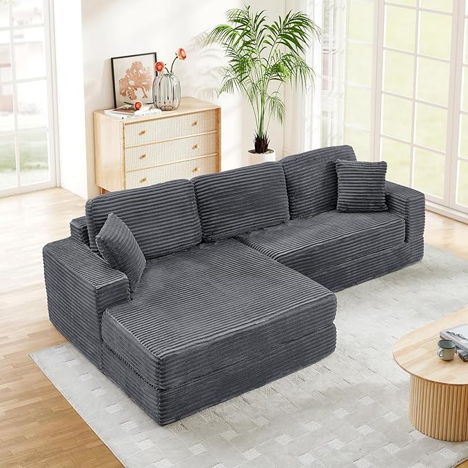 112.6 Oversized Fold Out Couch Bed King 3 in 1 Convertible Modern L Shape Cloud Modular Sectional Comfy Boneless Foam Couch Futon for Living Room No Assembly(Grey CorduroyRight Facing Chaise)