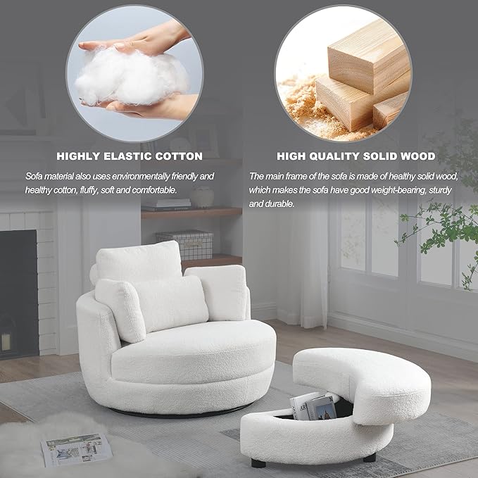 39 Swivel Barrel Chair Accent Chair with Storage Ottoman for Living Room Modern Round Upholstered Single Sofa Couch Chair for Apartment Bedroom Teddy Fabric White