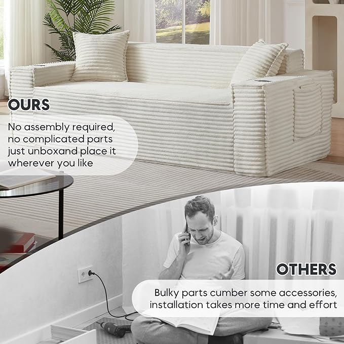 Boneless Sectional Sofa 3 Piece Set with Cup Holders &amp Side Pockets Modern Corduroy Fabric Deep Seat Cloud Couch Living Room Office No Assembly (White)