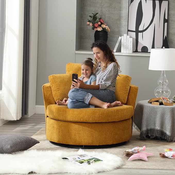Swivel Barrel Chair Modern Fabric Oversized 360 Degree Club Accent Arm Chairs Single Round Living Room Sofa Chair w/ 3 Pillows for Nursery Bedroom Reading Office Yellow