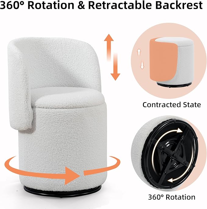 Round Vanity Chair with Storage &amp Cat Bed Stool Upholstered Small Swivel Accent Chair with Hidden Storage Makeup Barrel Chair for Bedroom Living Room (Teddy)