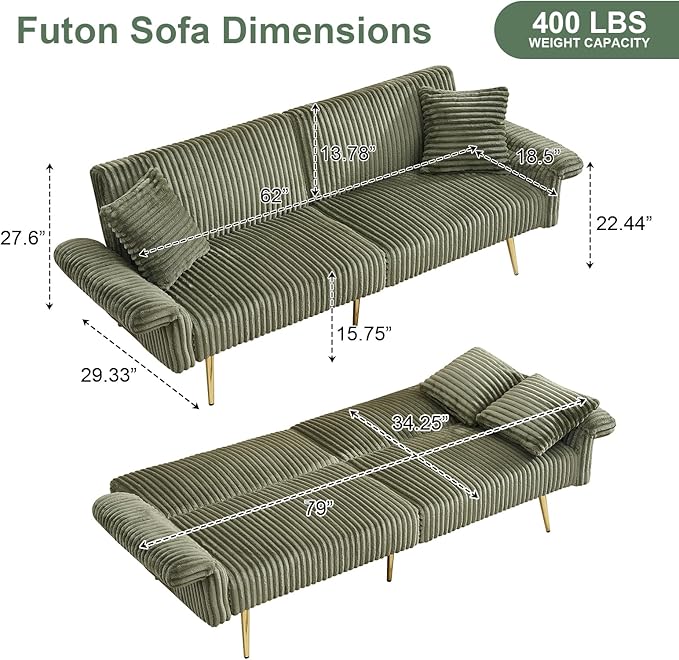 Rovibek Futon Sofa Bed Convertible Futon Couch Bed with Adjustable Backrest 2 Pillows Corduroy Loveseat Futon for Small Spaces Living Room Apartment Office Green