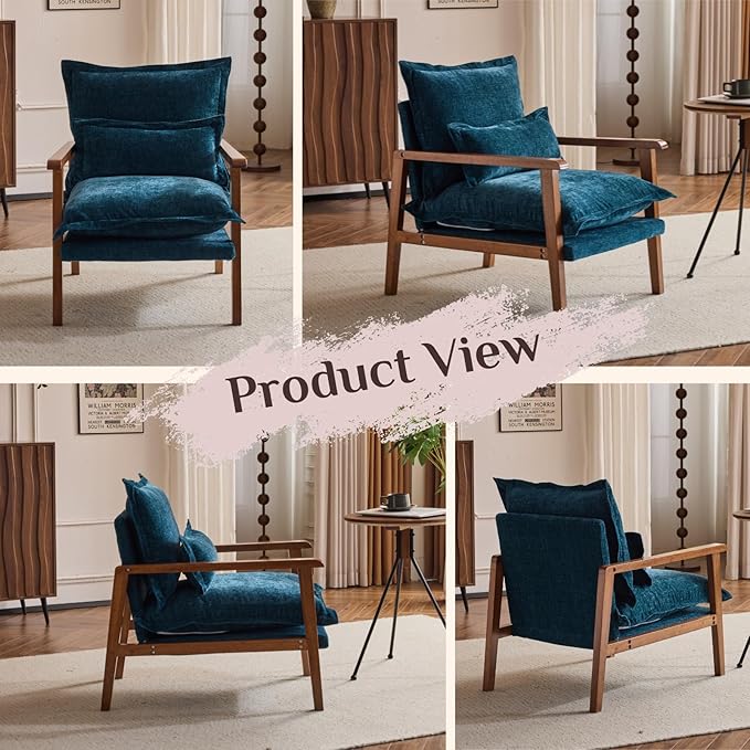 Karl home Midcentury Accent Chair for Living Room Chenille Upholstered Lounge Armchair with Lumbar Pillow Ruffle-Designed Cozy Reading Chair with Wood Legs Peacock Blue