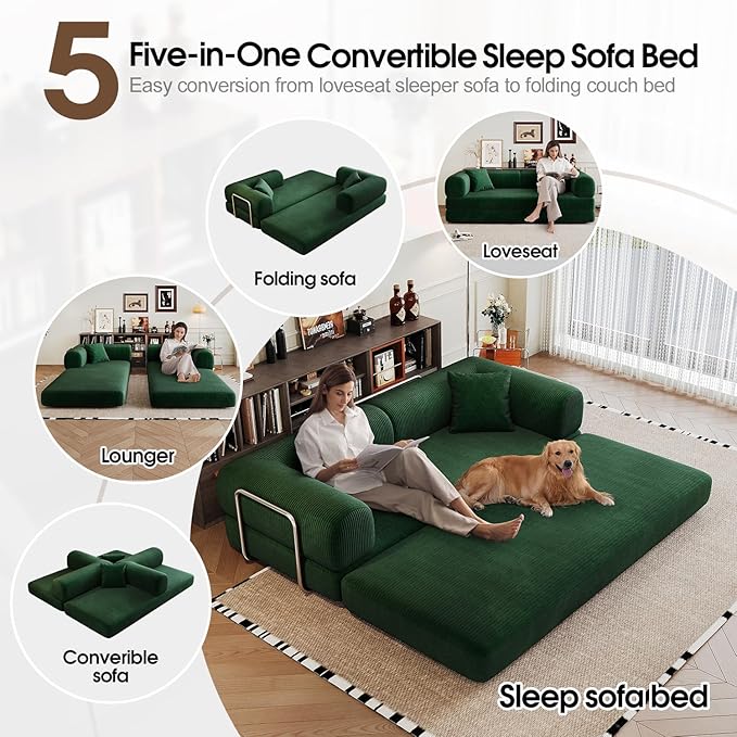 78.8'' Convertible Sofa Bed Boneless Couch in a Box Modular Corduroy Comfy Foldable Sleeper Compression Sofa Loveseat Couches for Living Room (Green 78.8 inch)
