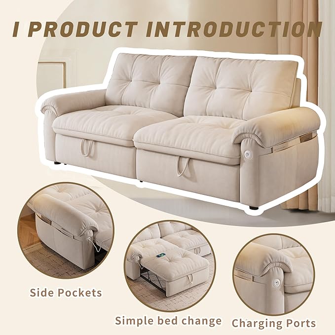 77 Pull Out Sofa Bed Velvet Convertible Sleeper Couch Loveseat Chaise Lounge with Side Pockets and USB Pullout Futon Sofa Bed for Living Room Bedroom Small Spaces RV (Beige)