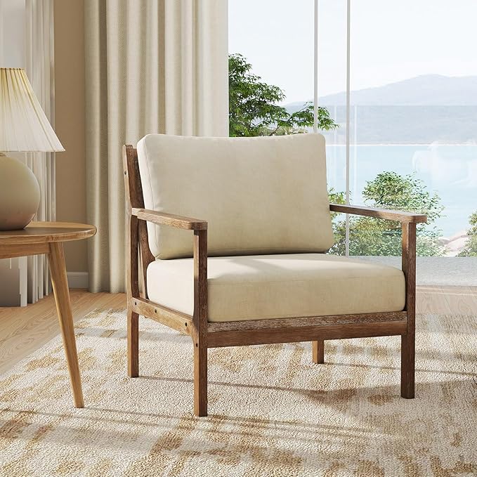 Giantex Mid Century Modern Accent Chair Set of 2 Wooden Arm Chair w/Solid Wood Frame Removable Seat Cushion &amp Pillow Vintage Comfy Reading Chair for Living Room Bedroom Study