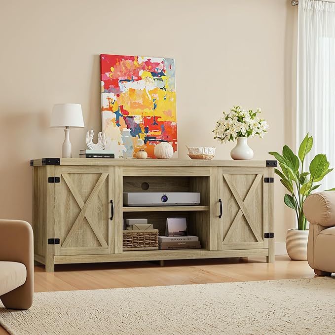 YESHOMY Modern Farmhouse TV Stand with Two Barn Doors and Storage Cabinets for Televisions up to 65+ InchEntertainment Center Console TableMedia Furniture for Living RoomYellow Oak