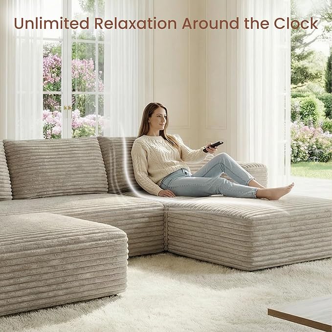Modular Sectional Sofa | 108 Cloud Couch with Cozy Textured CorduroyU-Shaped Boneless Couch Pit SofaHigh-Density Foam Convertible Floor Couch for Home1400lbs Support | Oat Beige | 2 Manageable Box