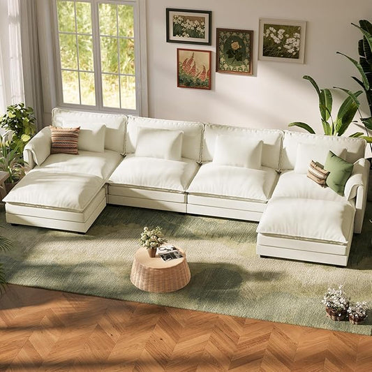 ABCASA Oversized 150 U Shaped Couch Modular Sectional Sofa 6-Seat Comfy Cloud Couch with 4 Pillows Deep Seat Couches for Living Room Bedroom and Apartment Chenille Beige