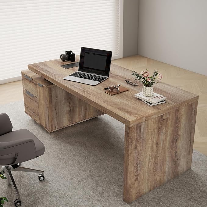 Modern Executive Desk Rectangle Office Desk with Storage Cabinet Width Adjustable Standing Desks Stand Under Table Storage Organizer Mahogany