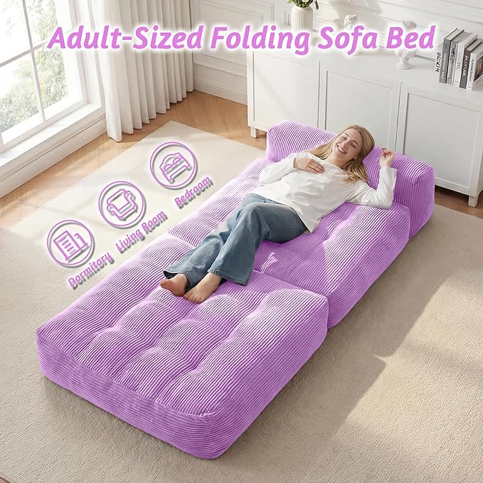 HABUTWAY Folding Sofa Bed Convertible Sleeper Chair Bed with Pillow &amp Handle Foldable Mattress with Back Support Portable Single Couch Comfy Floor Sofa Lounge for Living Room Bedroom(Light Pur