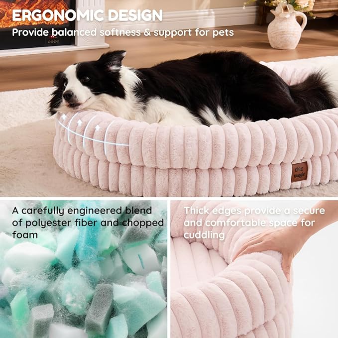 XL Dog Bed - Luxury Striped Faux Fur Waterproof Pet Couch with Removable Washable Cover Orthopedic Dog Bed with Bolster Sides for Sleeping Pink