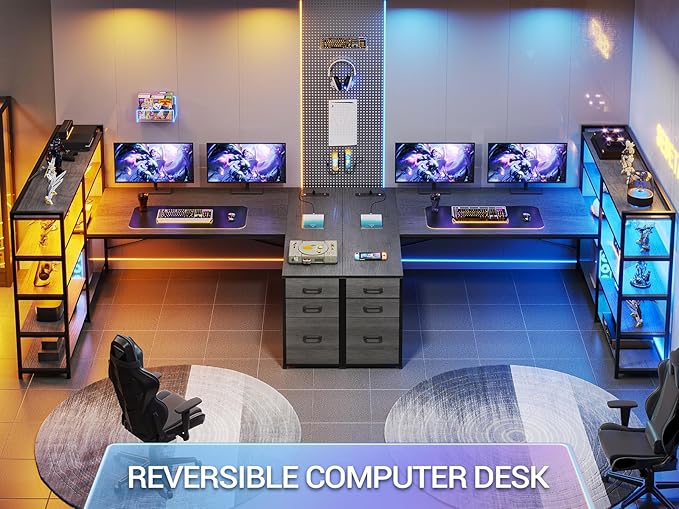 SEDETA Corner Computer Desk Reversible U Shaped Office Desk with 3 Fabric Drawers and Power Outlet Corner Gaming Desk with LED Lights Storage Shelves Grey