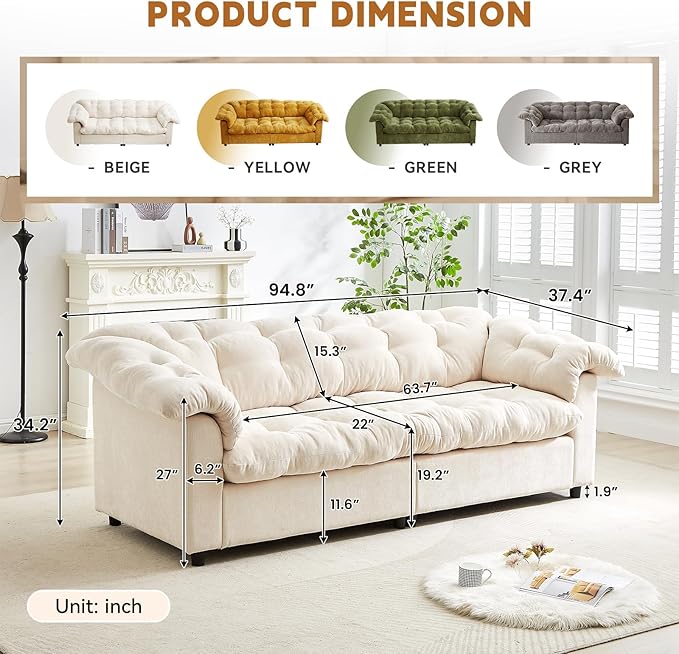 3-Seater Couch 94.8-inch Oversized Modern Comfy Tufted Chenille Fabric Cloud Fluffy Foam Deep Seat Soft Loveseat Sofa Couch for Living Room Bedroom Office Beige