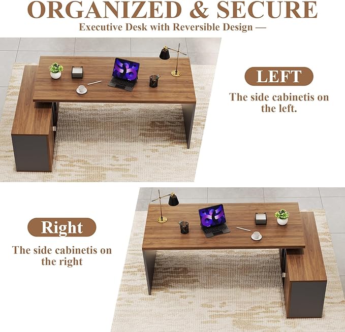 70.8 L-Shaped Executive Desk with File Drawers and Storage Cabinet Modern Large Office Desk Computer Workstation Walnut &amp Gray (Walnut &amp Gray 70.87IN)