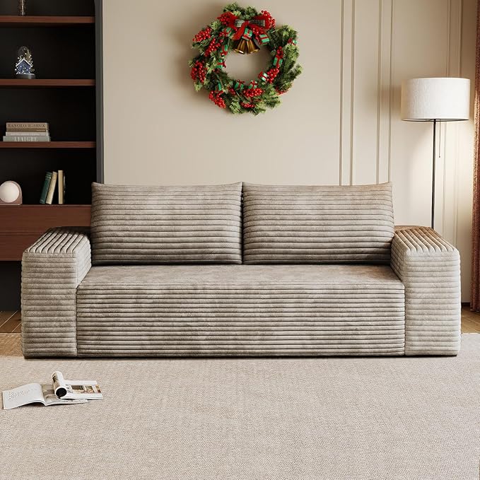 Cloud Loveseat Sofa Corduroy Boneless Couch with High Density Memory Foam Comfy Small Foam Couch in a Box No Assembly Modern Floor Compressed Sofa for Living Room Bedroom Small Space(63WCamel)