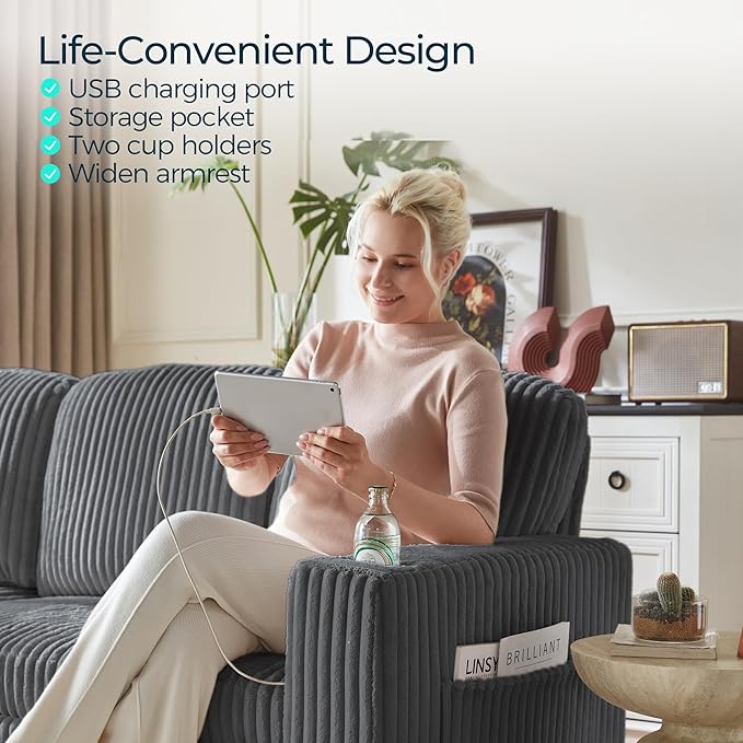 LINSY HOME Loveseat Sofa with Pull Out Couch: 2-in-1 Convertible 2 Seater Sofa Chaise with USB Charging &amp Cup Holders Comfy Plush Corduroy Love Seat for Small Spaces Living Room Apartment Grey