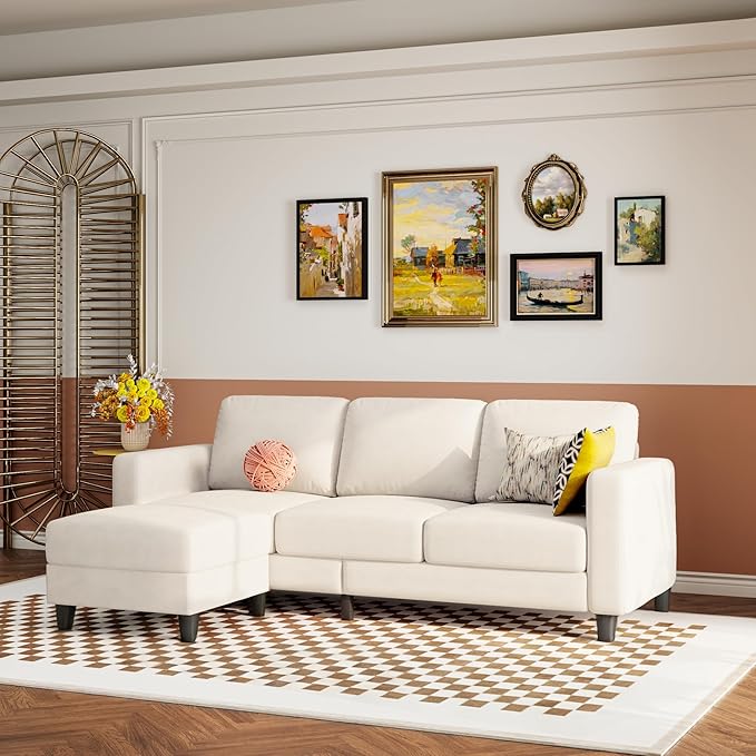 73 Small Sectional Sofa with Reversible Chaise Linen Fabric L-Shaped Couch with Solid Oak &amp Iron FrameHigh-density Sponge Spring Seat CushionRemovable Sofa Cover Compact Apartments and Studios