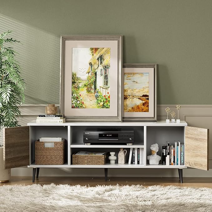 YESHOMY Modern TV Stand for 65 Television Entertainment Center with Two Storage Cabinets and Open Shelves Retro Style Media Console for Living Room Bedroom Office 58 Inch White and Beige