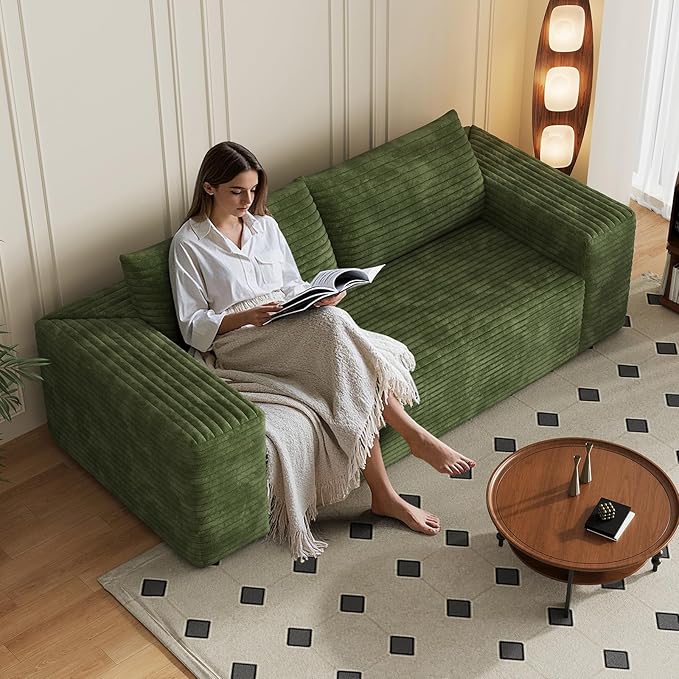 78-inch Boneless Loveseat Sofa Cloud Corduroy Floor Compressed Deep Seat Lounge Sofa Couch in A Box Comfy Fluffy Modern Plush Memory Foam No Assembly Couch for Living Room Bedroom Office Green
