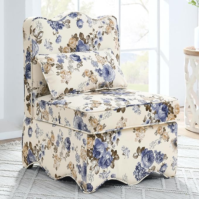 Floral Accent Chair Comfy with Pillow Armless Accent Chair for Bedroom Slipper Chair with Soft Seat Cushion and Backrest Side Chairs for Living Room Flannel Fabric Wave-Shaped (Blue)