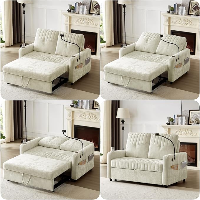 Merax Chenille 3-in-1 Pull Out Sleeper Sofa Bed Couch 54 Convertible Futon Loveseat with Adjustable Backrest 2 Cup Holders Phone Stand 3 Charging Ports and Storage Pockets for Living Room Beige