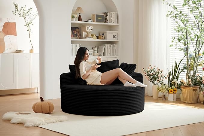 55''L Oversized Round Chaise Longue Chair Indoor Corduroy Sponge Single Sofa Oversized Round Chairs Modern Sleeper Chair for Living RoomProjection Room Wide Armrest Chairs Black