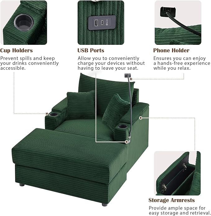 Merax Modern Corduroy Single Sofa with Ottoman Two USB Ports &amp Cup Holders Small Couch with Pillows &amp Phone Holder for Living Room Green