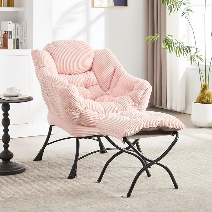 31.5 Lazy Chair1 OttomanLeisure Upholstered Sofa ChairModern Reading ChairLounge Accent Chair with Side Pocket for Small ApartmentLiving RoomBedroomOfficePink