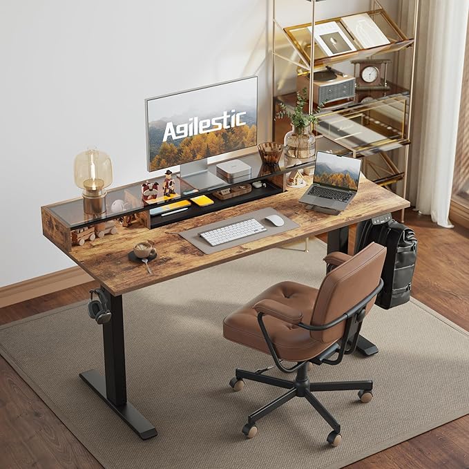 Agilestic Glass Standing Desk with Storage 48 Inch Electric Adjustable Desk with Glass Shelf and Cable Management Sit Stand Up Home Office Computer Table Splice Board Rustic Brown