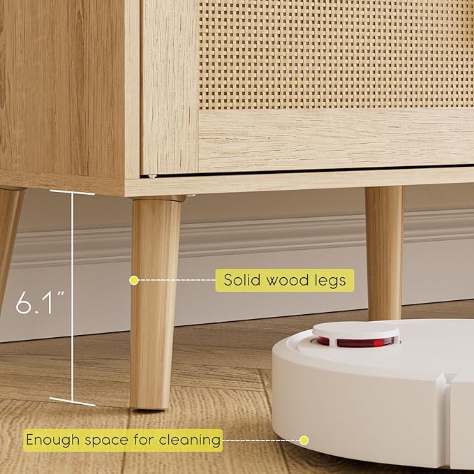 TV Stand for 55-65inch TV Rattan Entertainment Center with Soft Hinge DoorTV Console Table with 2 Cabinets with Gold Handle and Feetfor Living Room Bedroom Natural