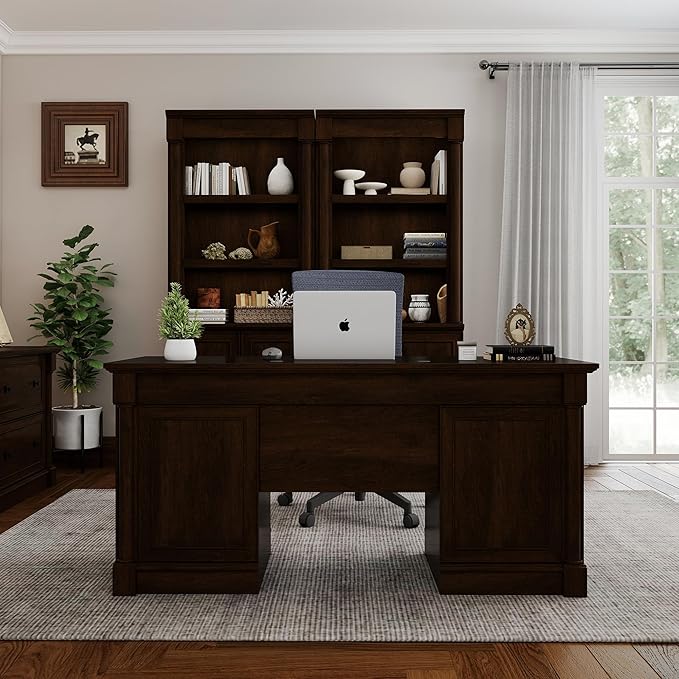61.85″ Large Executive Desk with Roman Column Design for Boss Office Home Office 3 Drawers incl. File Drawer Keyboard Tray Shelf Cabinet with Door Dark Cherry