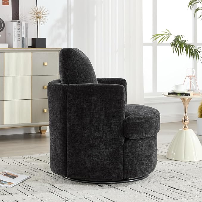 360° Swivel Accent Armchair Chair Swivel Black Round Barrel Chair Upholstered Chenille Accent Chairs for Living Room Bedroom Reading