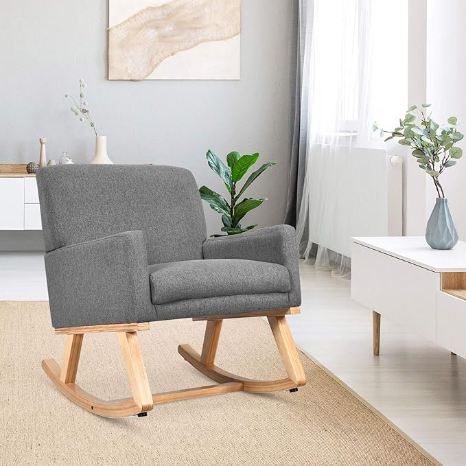 Giantex Upholstered Rocking Chair with Fabric Padded Seat and Solid Wood Base Comfortable Rocker for Living Room Bedroom Study Room Office Rocking Armchair (Gray)