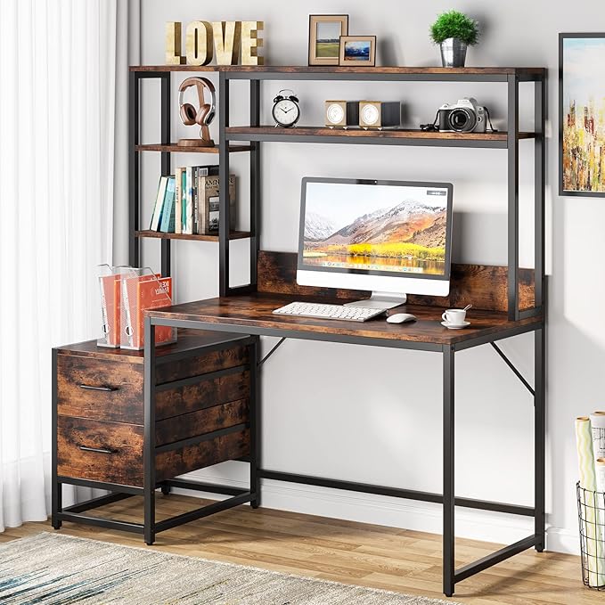 Tribesigns 55 Inch Computer Desk with 2 Drawers and Storage Shelves Rustic Office Desk with Hutch Study Writing Gaming Table Laptop Workstation for Home Office (Brown)
