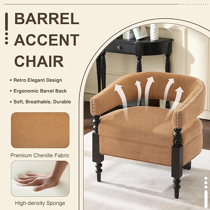 LOULENS Barrel Accent Chair for Living Room | Vintage Linen Upholstered Lounge Chair with Solid Wood Legs Armchair for Bedroom Reception Room &amp Reading Nook Brown