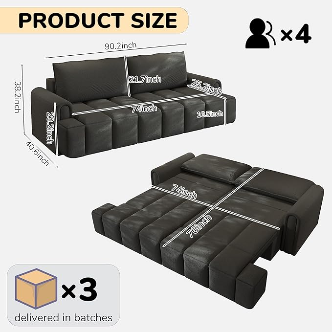 90 Comfy 4-Seater Modern Teddy Sofa with Seats Storage King Size 3-in-1 Convertible Sleeper Sofa Bed for Living Room (Black)