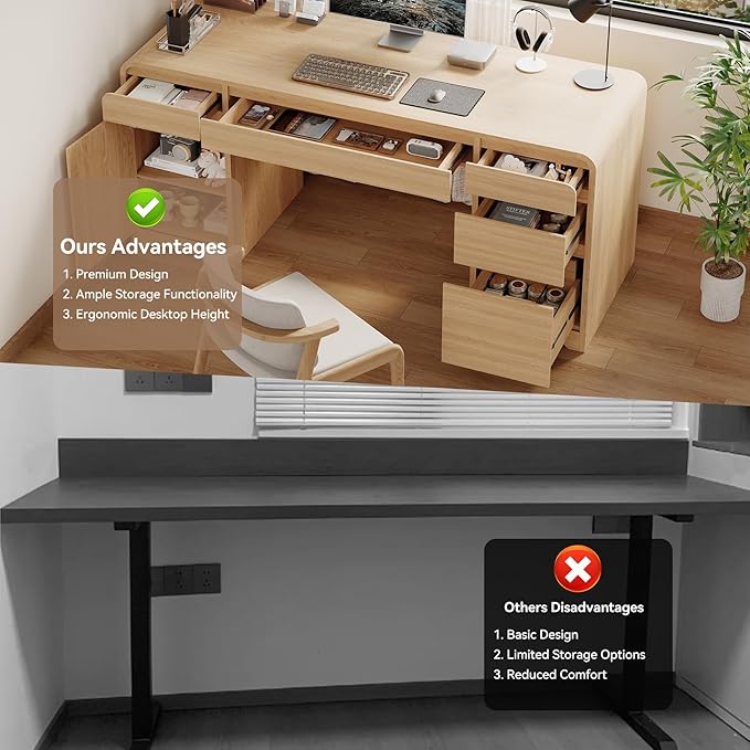 59-Inch Large Computer Desk with 5 Drawers and Storage Cabinet for Living Room Modern Wood Computer Desk for Home Office Bedroom Small Space Light Oak
