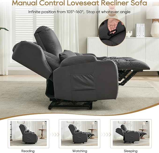 DRMBOOK RV Loveseat Recliner Sofa Double Wall Hugger Reclining Couches Manual Reclinable Movie Seating 2 Person Recliner for Travel Trailer (Leathaire Grey 2 Seater with Standard Console)